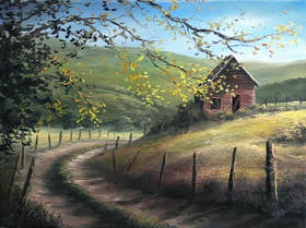 autumn cabin painting