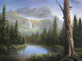 evergreen lake painting