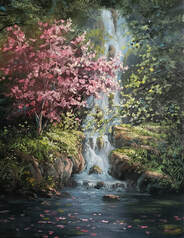 pink tree waterfall painting