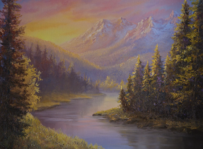 Sunset painting with mountain and forest
