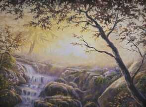 Golden Waterfall Forest painting