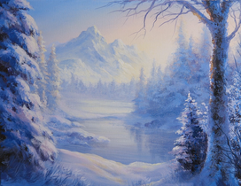winter mountain lake acrylic Painting