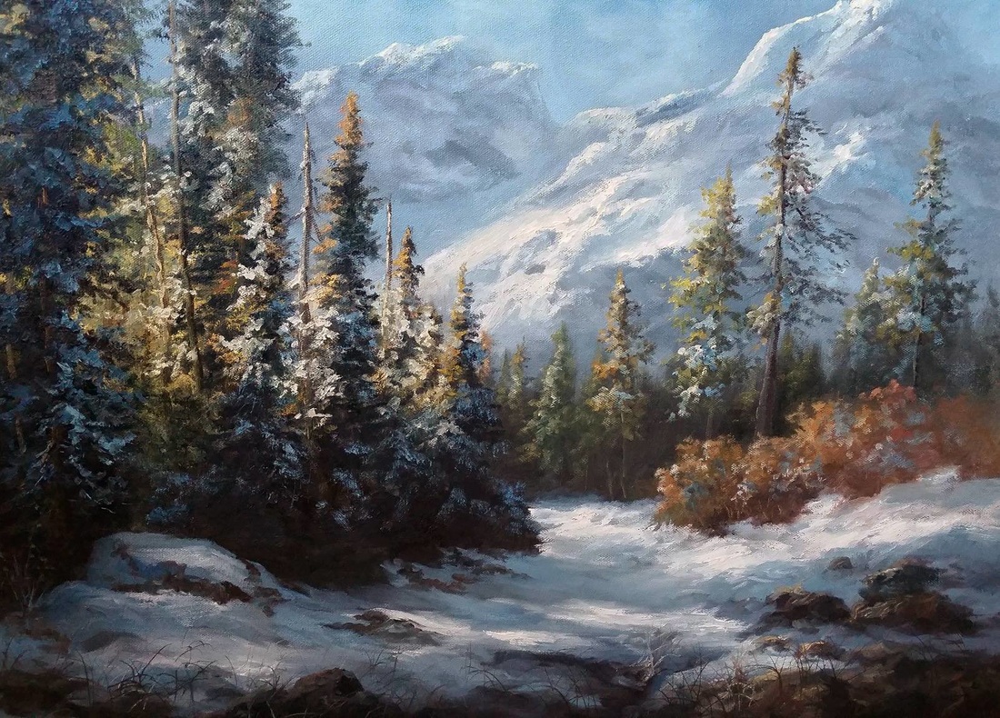 Vintage Oil Painting 18x24 Canvas Snow Capped Mountain Forest